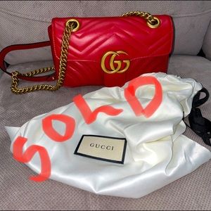 Gucci GG Shoulder Marmont Chain Hibiscus Red Leather Cross Body Bag